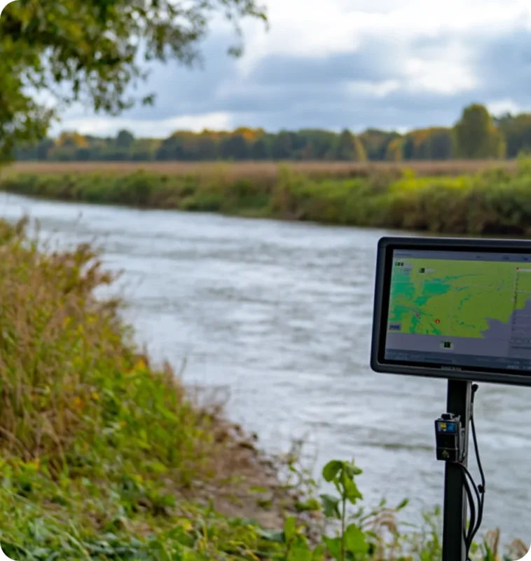 Flood forecasting sensor with a display monitoring river water levels