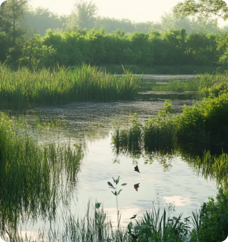 Wetland with reeds and shallow water as a nature-based flood solution