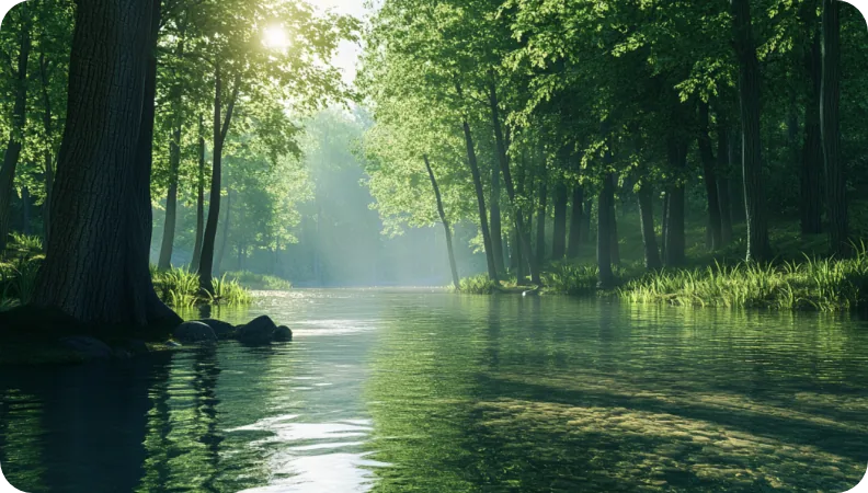 Calm river flowing through a green forest