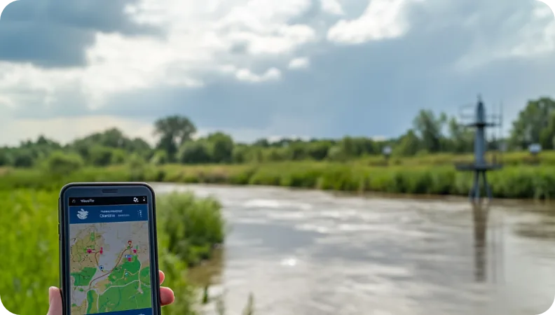 Smartphone showing a flood early warning app beside a river monitoring station