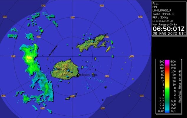 Radar map showing weather patterns around Fiji, with significant precipitation in green to yellow over western areas. Date and time noted as 20 March 2023, 06:50:01 UTC.