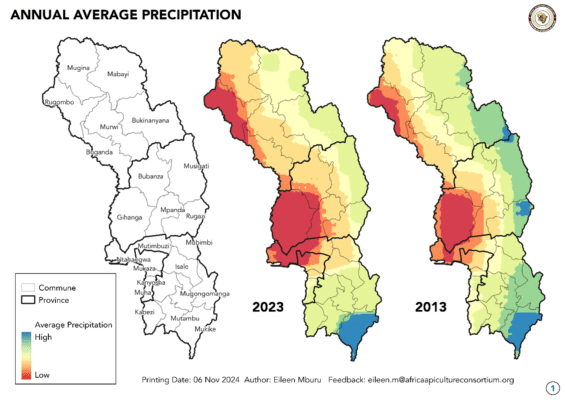 Map illustrating annual average precipitation in 2013 and 2023 across diverse regions, color-coded from low (green) to high (red). The left map highlights communes and provinces, supporting environmental social impact assessments by offering detailed precipitation insights.