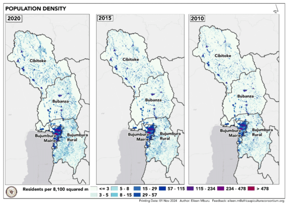 Three maps show population density in Burundi for 2010, 2015, and 2020. Darker areas indicate higher density, concentrated around Bujumbura Mairie and Rural.