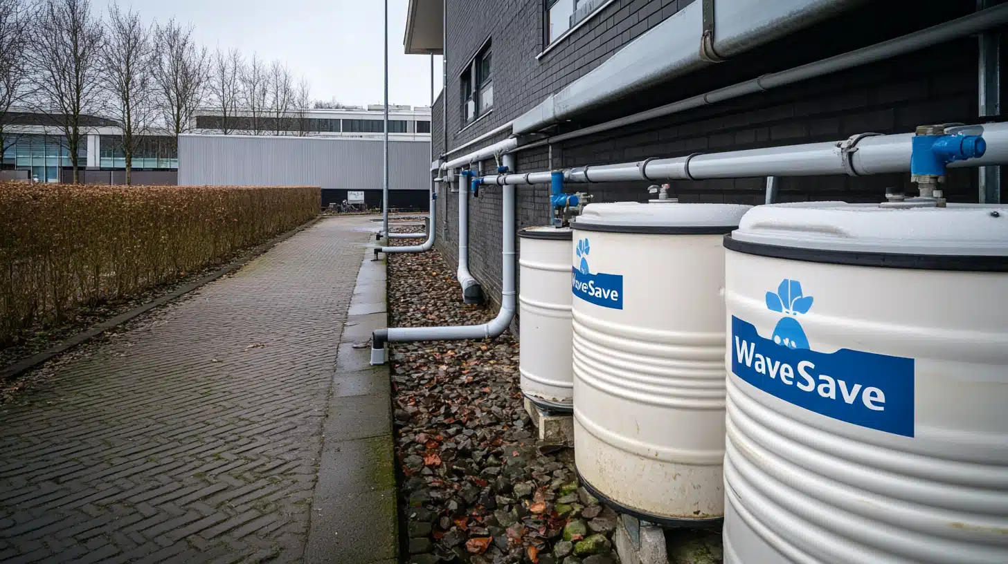 Row of white rainwater tanks labeled "WaveSave" next to a building, featuring efficient rainwater harvesting. A brick pathway and lush hedge on the left complete this sustainable setup.