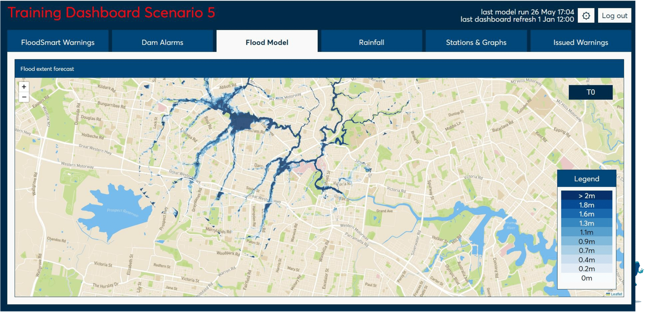 Map showing a flood model with potential water levels indicated by color shades ranging from below 2m to over 3m. Includes rivers, roads, and a legend for water depth.