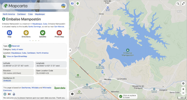 Map showing Embalse Mampostón, a reservoir in Mayabeque, Cuba. The map includes roads, nearby towns, and geographical information about the reservoir.