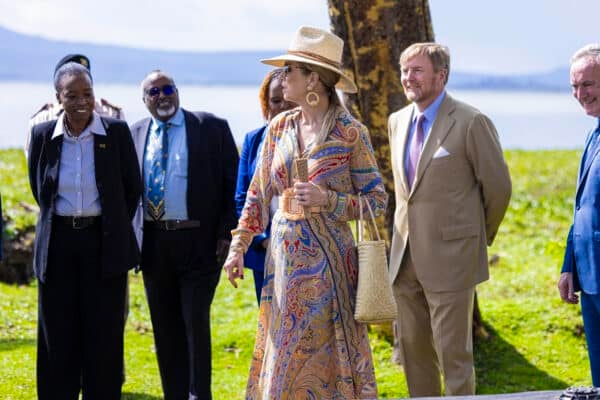 A group of formally dressed people stand outdoors on grass near a tree and a body of water, engaged in conversation.