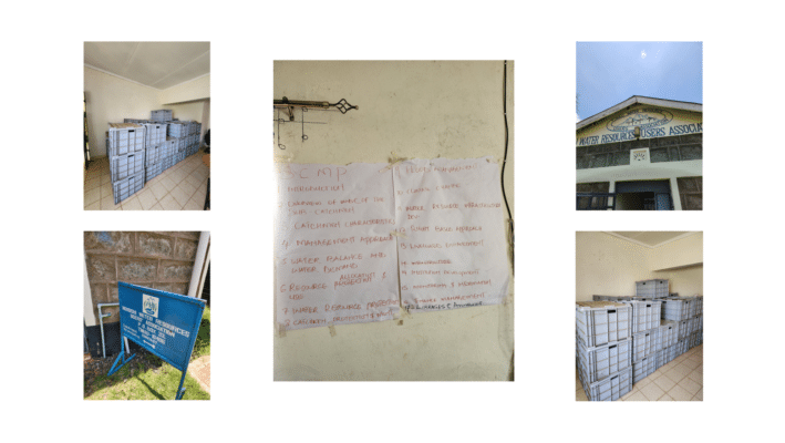 Collage shows stacked document boxes indoors, a handwritten list on paper, a building labeled "Association," and an outdoor signboard highlighting Flood Protection and Water Storage initiatives.