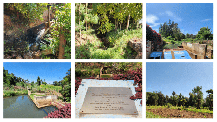 A collage of six images showing a Flood Protection and Water Storage project: polluted stream, vegetated area, water tanks, small dam, project plaque, and a cultivated field under blue skies.