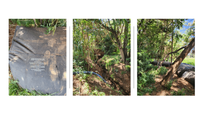 Three-panel image: left shows a close-up of a large black pipe labeled for Flood Protection, center displays a forested area with a trench and exposed blue pipe for Water Storage, right shows a black pipe running through trees.