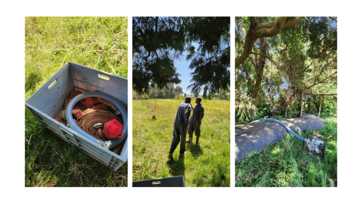 Three-panel image: a box of coiled hoses and tools in grass, two people standing in a sunlit field, and a large water tank with pipes under trees, highlighting flood protection and water storage solutions.