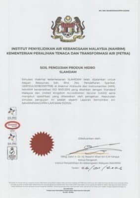 A SLAMDAM Certified for Flood Protection certificate from Malaysia's NAHRIM for hydro product testing, featuring official logos, signatures, and a watermark, issued to Aisyah Resources Sdn. Bhd.