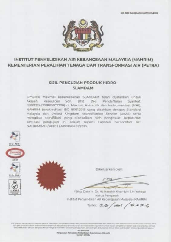 A SLAMDAM Certified for Flood Protection certificate from Malaysia's NAHRIM for hydro product testing, featuring official logos, signatures, and a watermark, issued to Aisyah Resources Sdn. Bhd.
