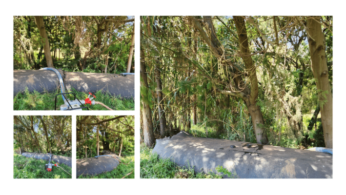 Three images show a large black plastic water bladder under trees in a shaded outdoor area, equipped with pipes and valves for efficient flood protection and water storage.