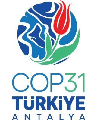 Logo for COP31 featuring a stylized globe with a red tulip, highlighting Climate Adaptation Solutions, and the text "COP31 TÜRKİYE ANTALYA" below in blue and green lettering.
