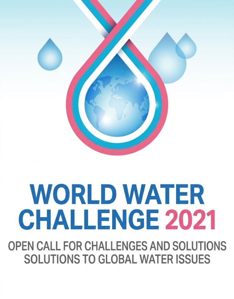 Poster for World Water Challenge 2021 featuring a stylized water drop and globe, with text calling for solutions to global water issues such as flood barrier innovations.
