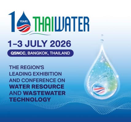 Promotional graphic for Thai Water 2026, featuring WaveSave at CTC Network Fair—an exhibition on water resource and wastewater technology, held July 1-3, 2026, at QSNCC in Bangkok, Thailand.