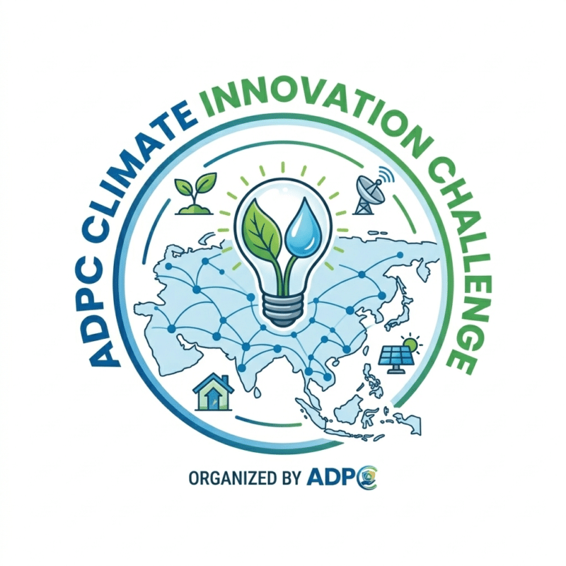 Logo for ADPC Climate Innovation Challenge featuring a light bulb with leaves, a water droplet, and a flood barrier over a map of Asia with network lines and environmental icons. Text reads "Organized by ADPC.