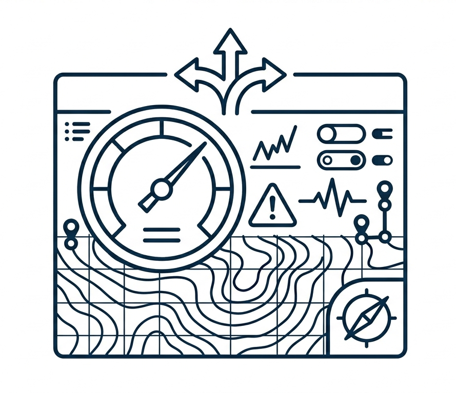 Line drawing of a dashboard with a large gauge, graphs, toggle switches, warning symbol, map, and compass, representing data analysis and navigation for Water Control Solutions for Flood & Drought.