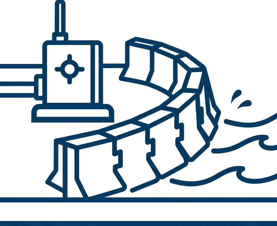 Line drawing of a mechanical device with segmented blades pushing water to the side, illustrating innovative Water Control Solutions for Flood & Drought.
