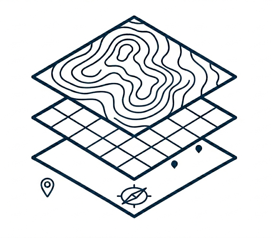 Simple line drawing of three stacked map layers, including a topographic map, a grid, and a navigation layer with pins and a compass icon—ideal for illustrating Water Control Solutions for Flood & Drought.