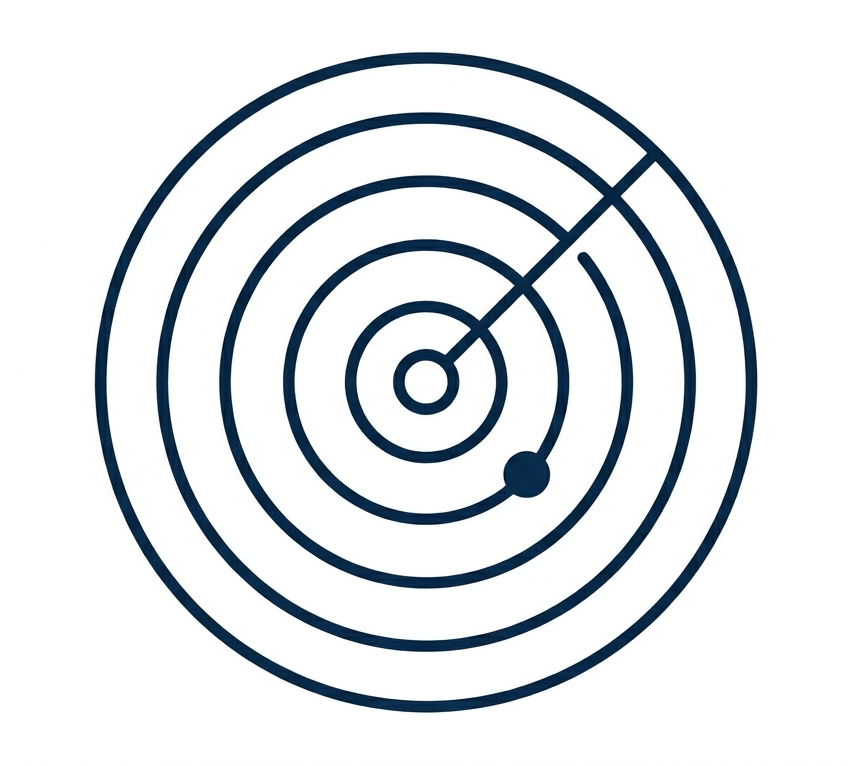 A radar screen icon with concentric circles, a sweeping line, and a detected dot near the outer ring, symbolizing scanning or detection for Water Control Solutions for Flood & Drought.