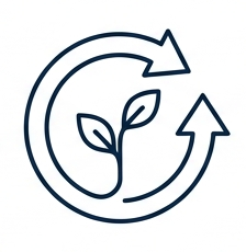 A simple line drawing of a plant with two leaves inside a circular arrow, symbolizing eco-friendliness, sustainability, and innovative Water Control Solutions for Flood & Drought.