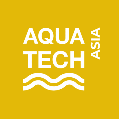Yellow logo with the words "AQUA TECH" in bold white letters, "ASIA" vertically on the right, and two wavy white lines beneath the text, representing Aquatech Thailand 2026.