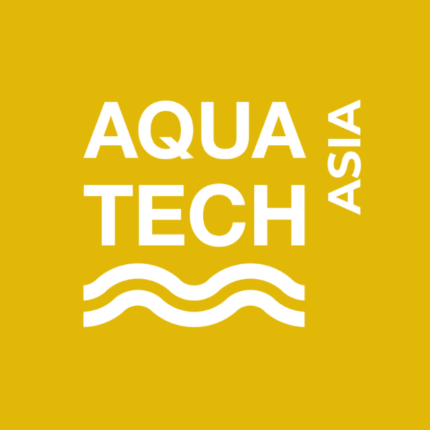 Yellow logo with the words "AQUA TECH" in bold white letters, "ASIA" vertically on the right, and two wavy white lines beneath the text, representing Aquatech Thailand 2026.