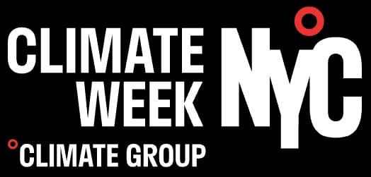 Logo for "Climate Week NYC 2026" with "Climate Group" written below, all in white text on a black background with small red circle accents.